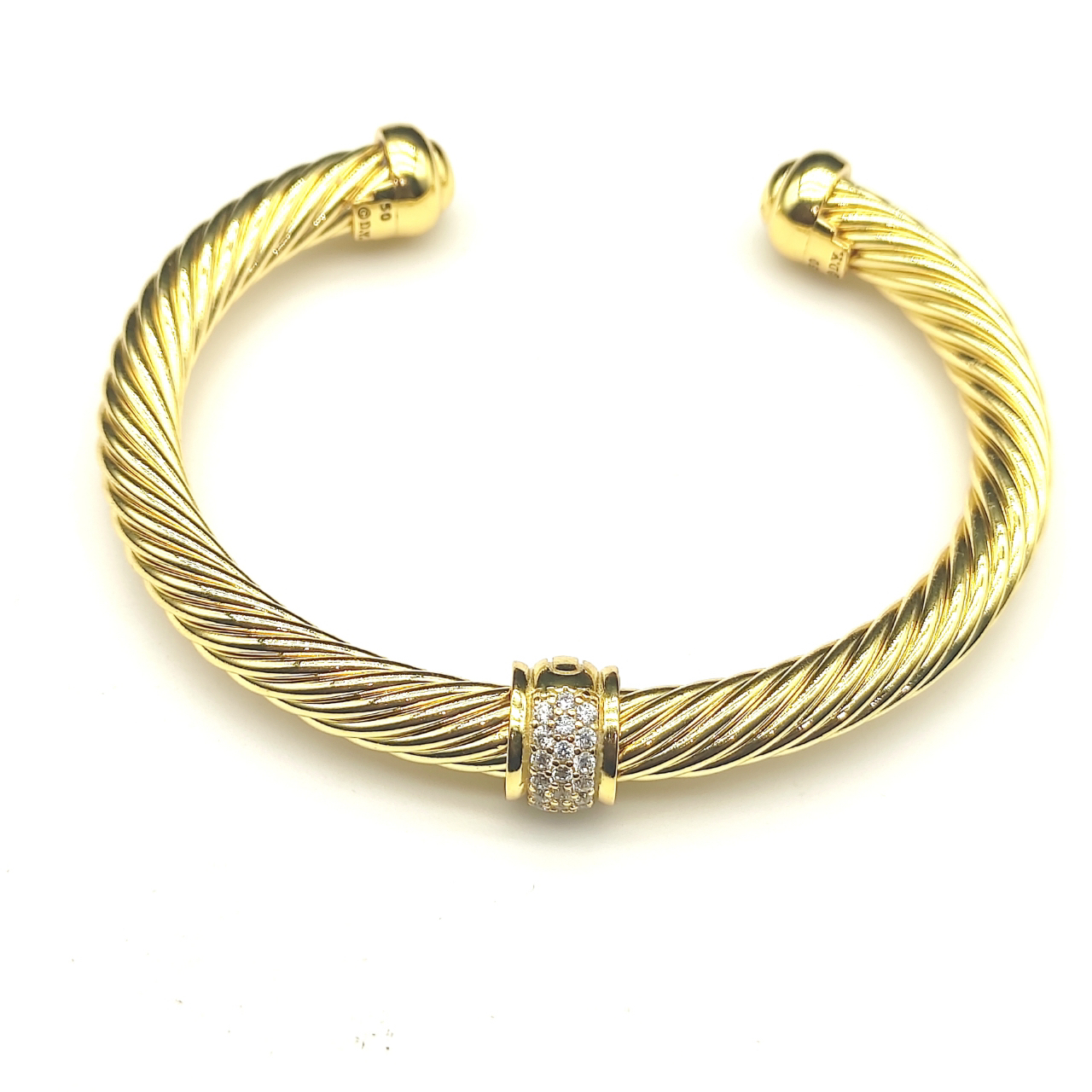 Classic Cable Station Bracelet 18K Yellow Gold and Pave Diamonds, 7mm