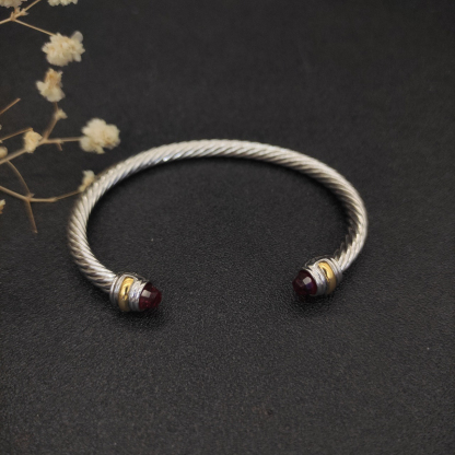 Classic Cable Bracelet Sterling Silver with 14K Yellow Gold and Red Topaz, 5mm