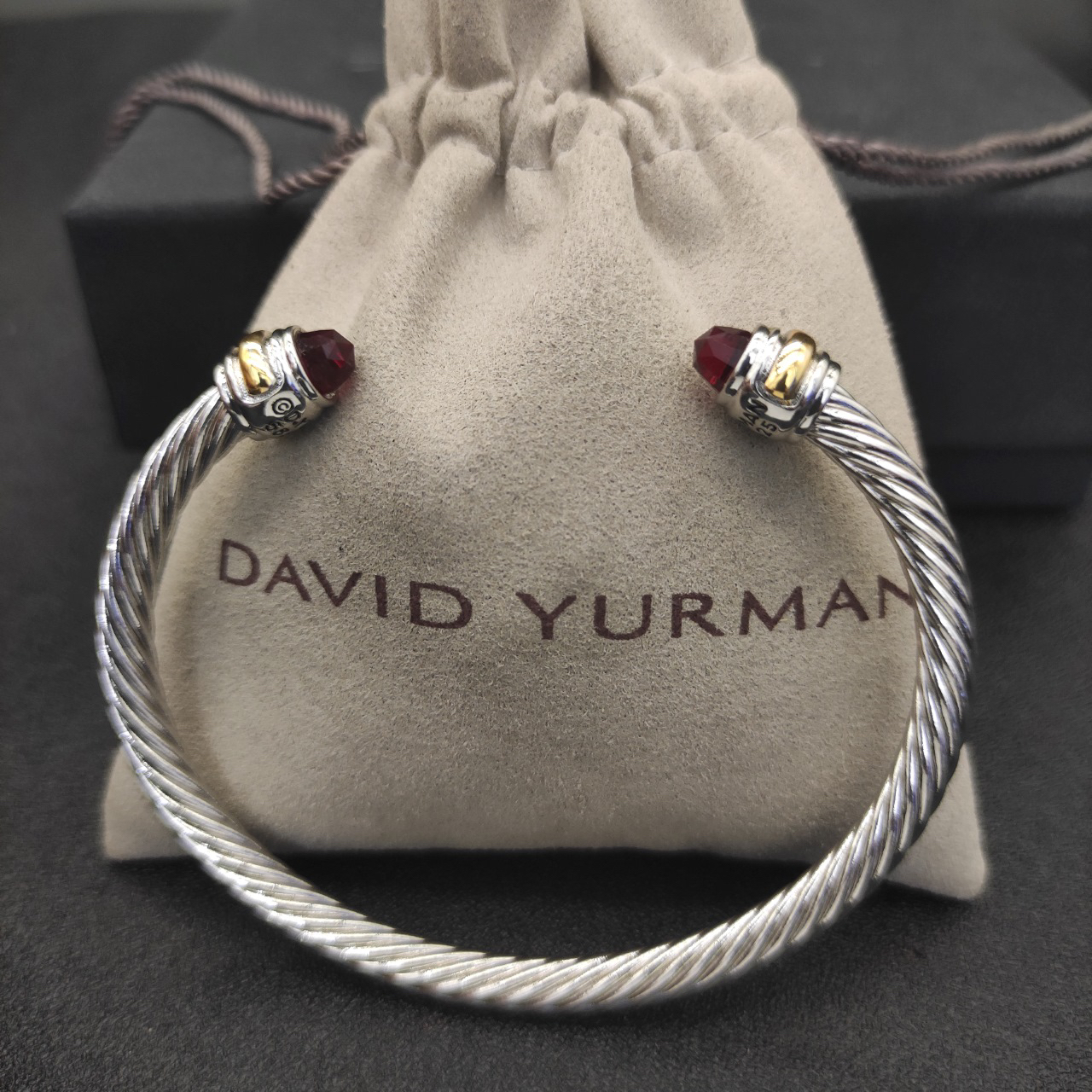 Classic Cable Bracelet Sterling Silver with 14K Yellow Gold and Red Topaz, 5mm