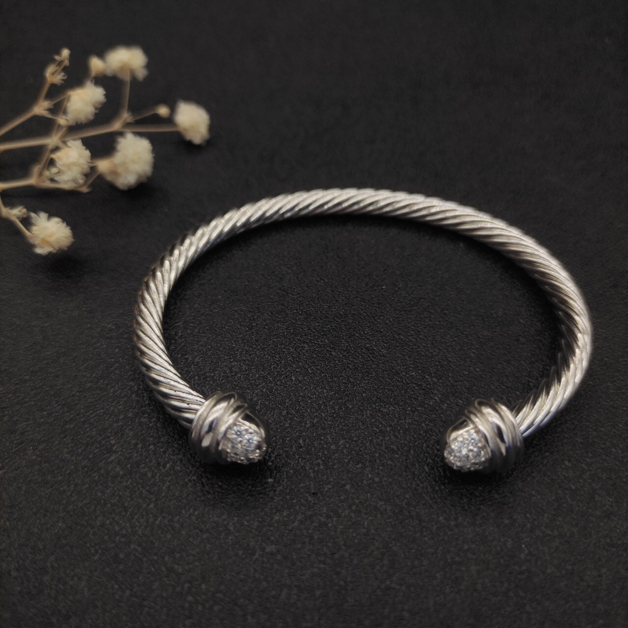 Classic Cable Bracelet Silver and  Half Diamonds 7 MM