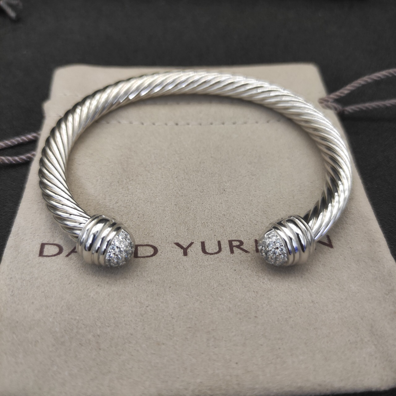 Classic Cable Bracelet Sterling Silver with 18K White Gold and Half Diamond Domes, 7mm