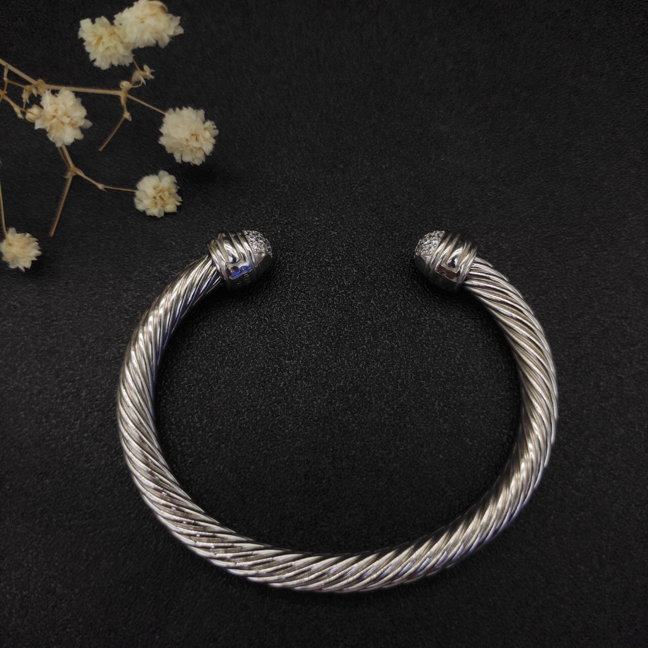 Classic Cable Bracelet Sterling Silver with 18K White Gold and Half Diamond Domes, 7mm