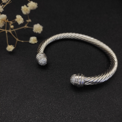 Classic Cable Bracelet Sterling Silver with 18K White Gold and Half Diamond Domes, 7mm
