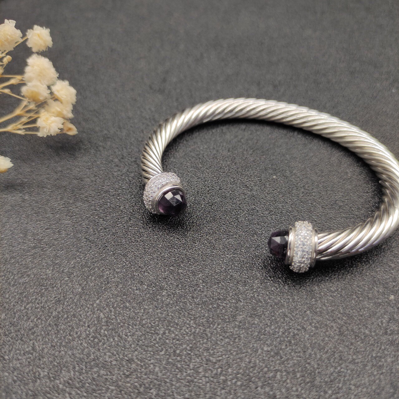 Cable Bracelet Sterling Silver with Amethyst and Diamonds, 7mm