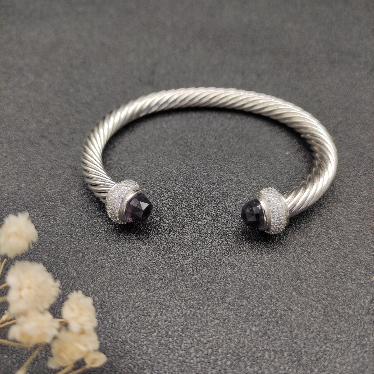 Cable Bracelet Sterling Silver with Amethyst and Diamonds, 7mm
