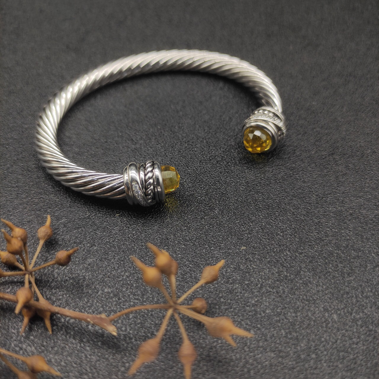 Classic Cable Bracelet Sterling Silver with Citrine and Diamonds, 7mm