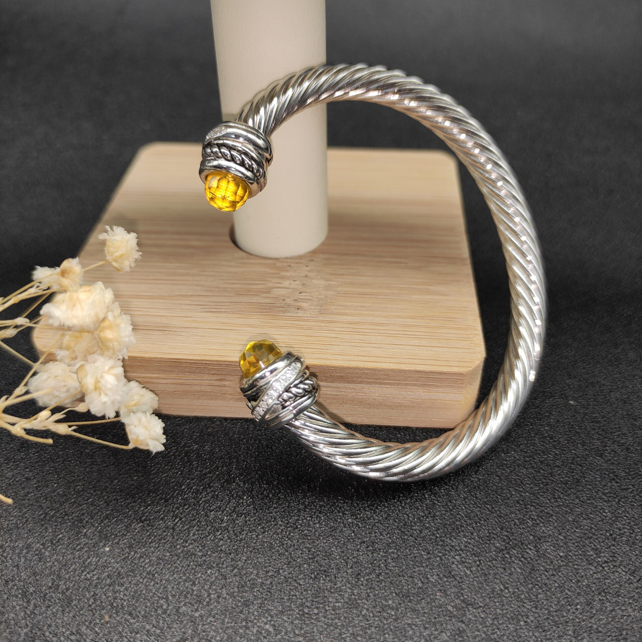 Classic Cable Bracelet Sterling Silver with Citrine and Diamonds, 7mm