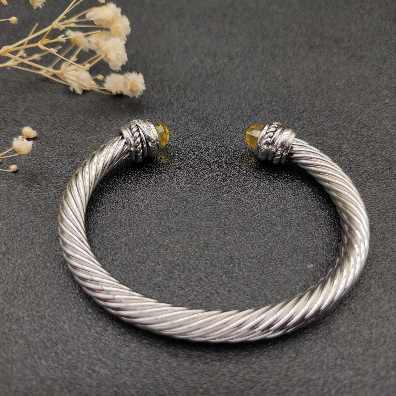 Classic Cable Bracelet Sterling Silver with Citrine and Diamonds, 7mm
