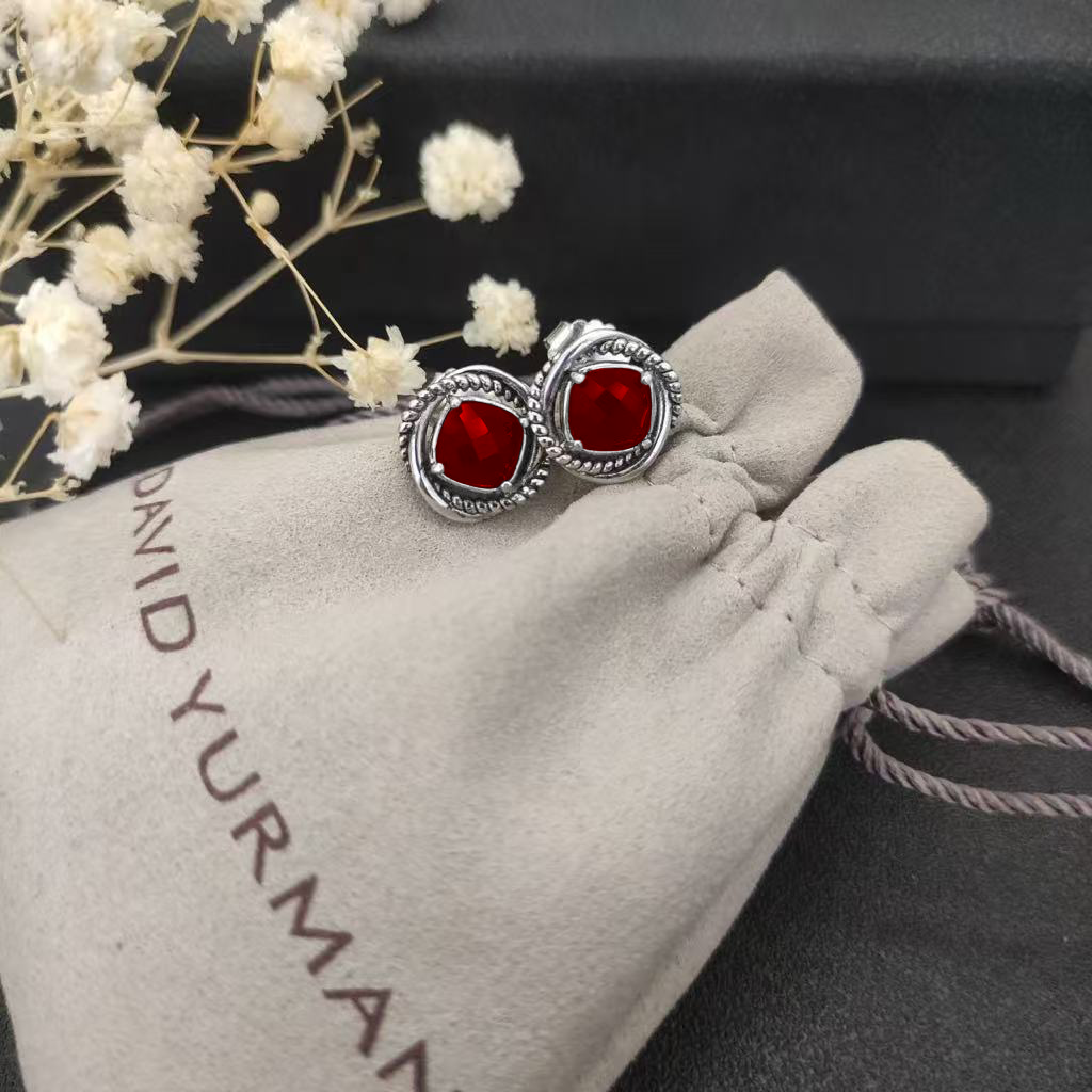 Infinity Stud Earrings Sterling Silver with Garnets, 13mm