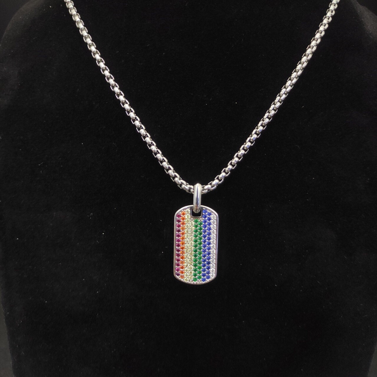 Chevron Tag Sterling Silver with Rainbow Pavé, 27mm