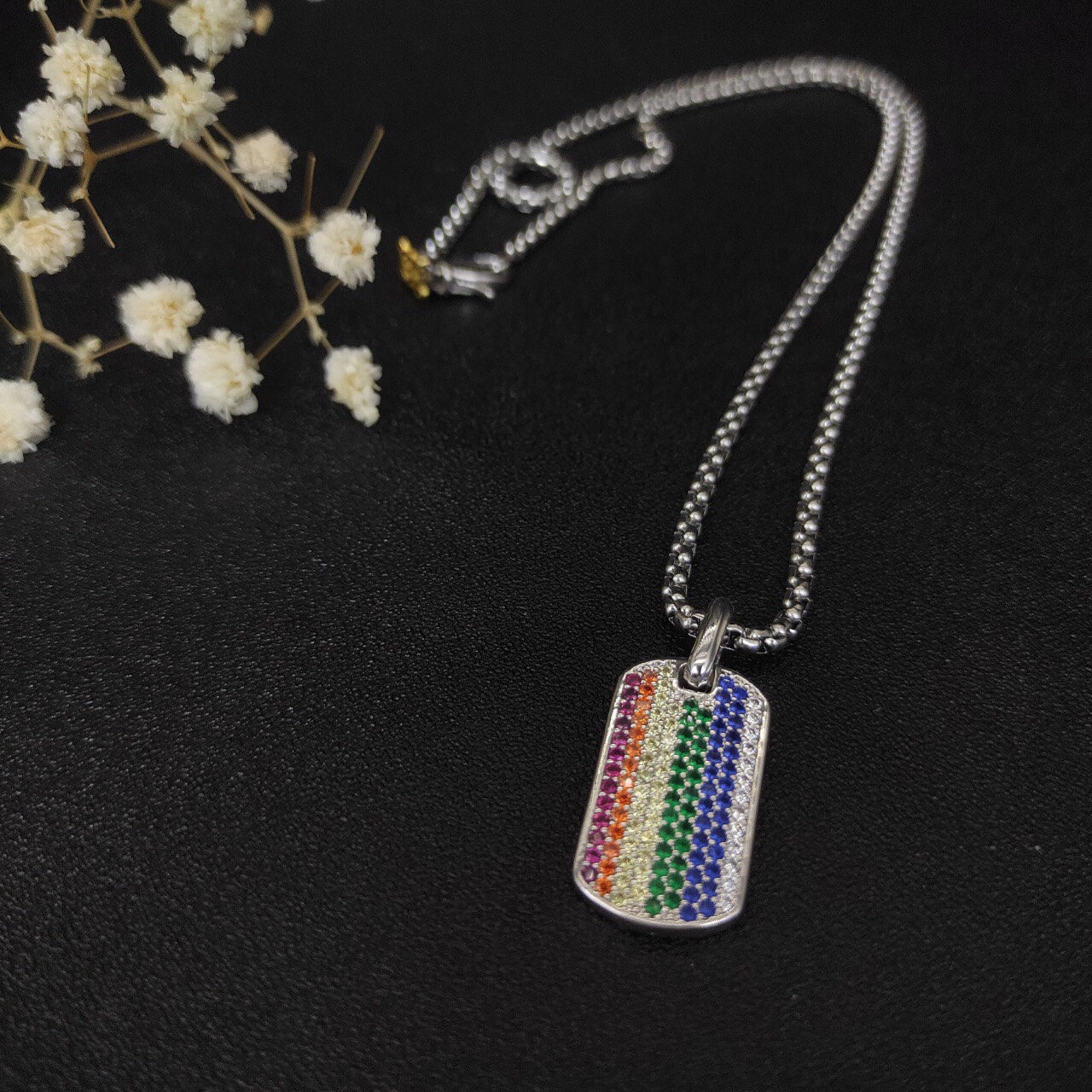Chevron Tag Sterling Silver with Rainbow Pavé, 27mm