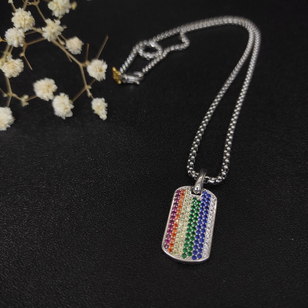 Chevron Tag Sterling Silver with Rainbow Pavé, 27mm