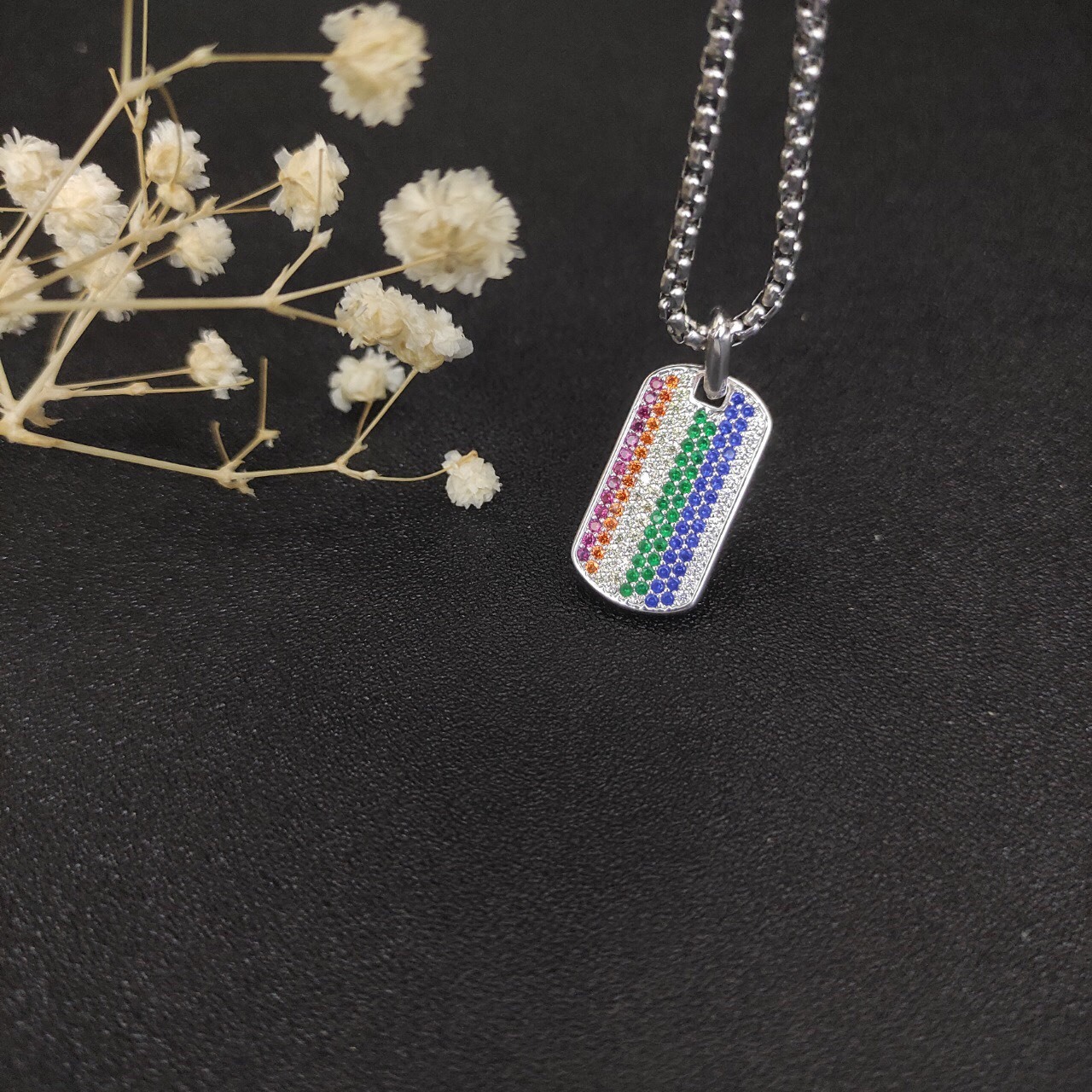 Chevron Tag Sterling Silver with Rainbow Pavé, 27mm