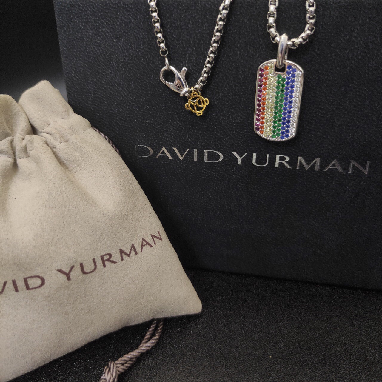 Chevron Tag Sterling Silver with Rainbow Pavé, 27mm