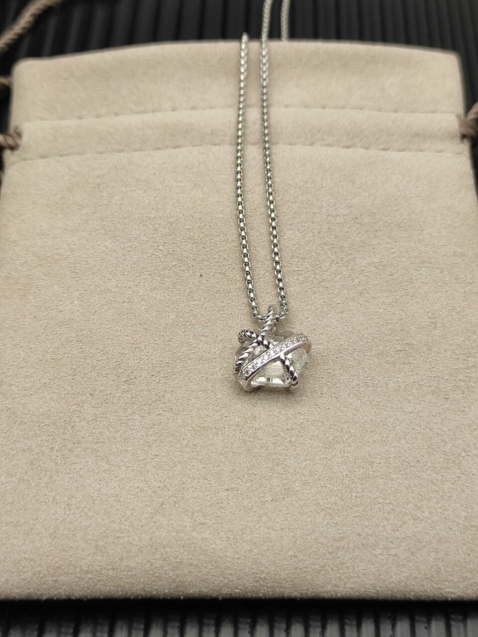 Cable Wrap Necklace Sterling Silver with Clear Quartz and Diamonds, 12.5mm