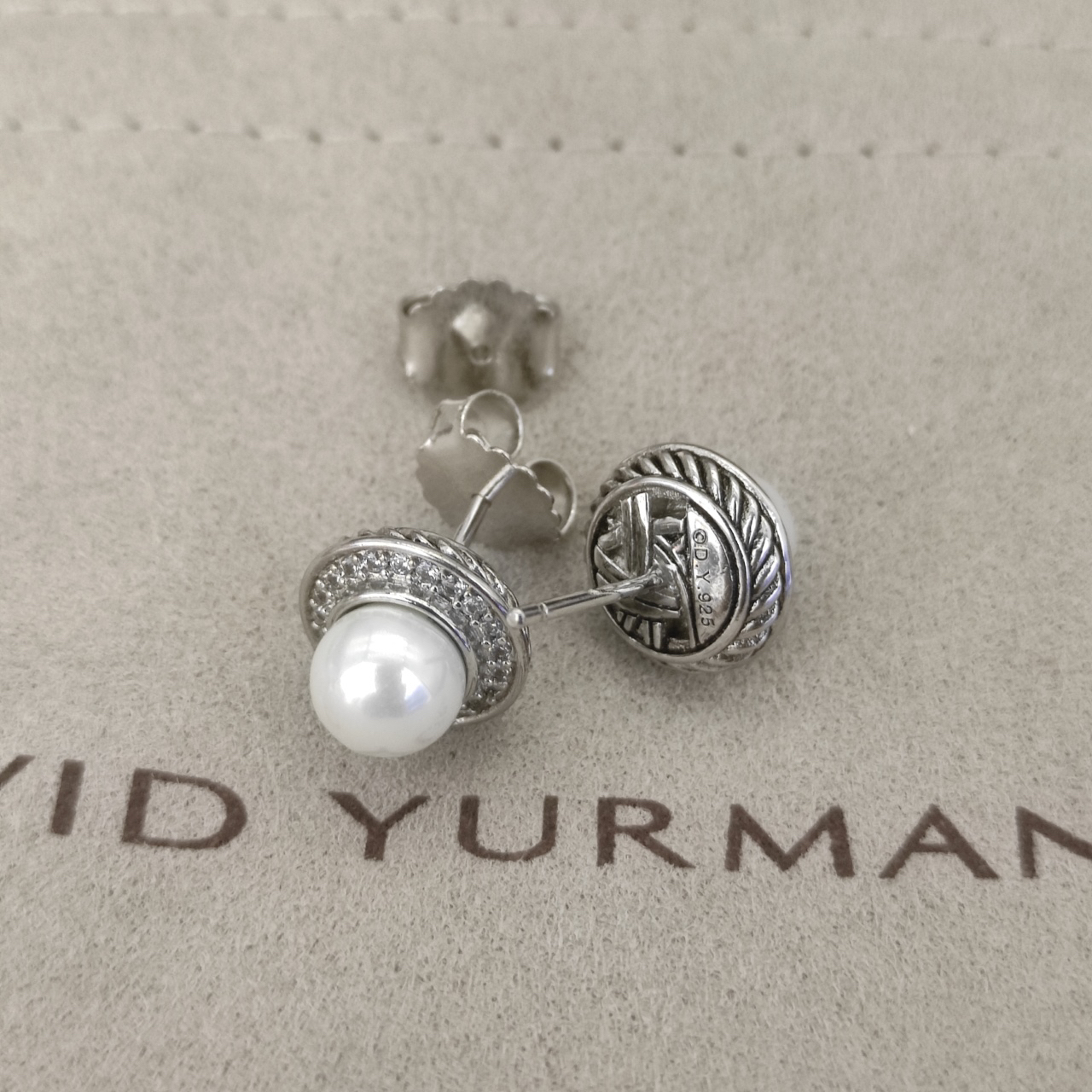 Pearl Classics Cable Halo Button Earrings Sterling Silver with Diamonds, 13mm