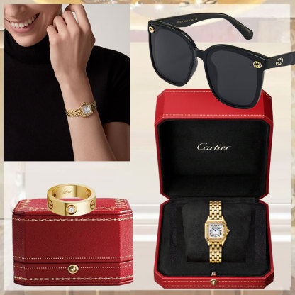 PANTHÈRE DE CARthtTIER WATCH, SMALL MODEL & LOVE RING, 3 DIAMONDS & SUNGLASSES