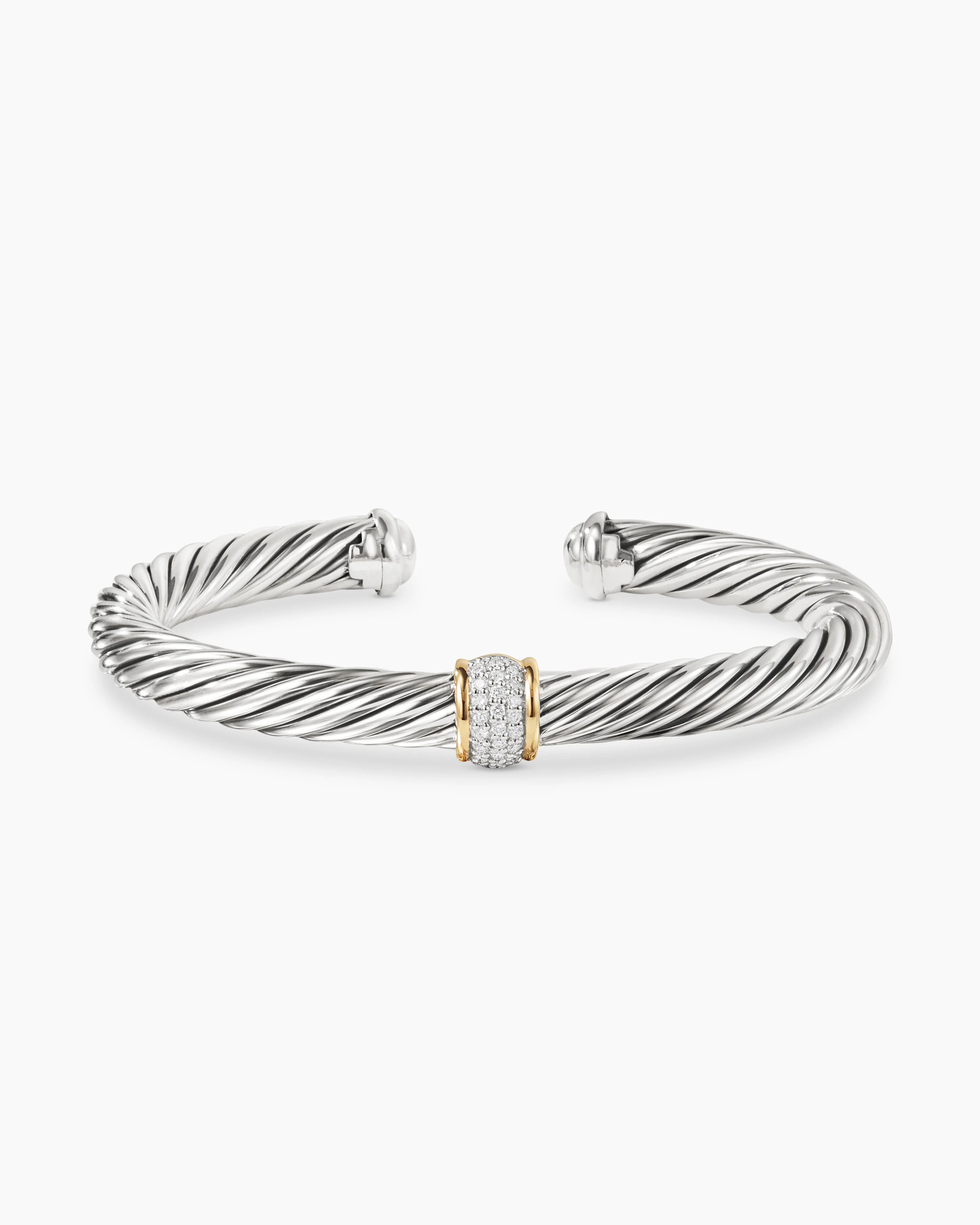 Classic Cable Station Bracelet Sterling Silver with 18K Yellow Gold and Pave Diamonds, 7mm
