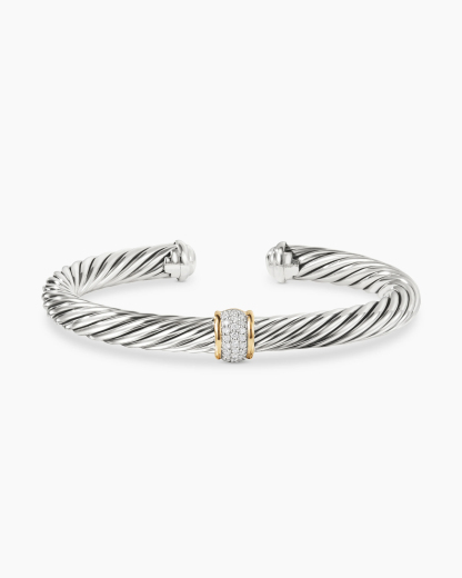Classic Cable Station Bracelet Sterling Silver with 18K Yellow Gold and Pave Diamonds, 7mm