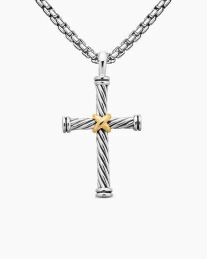 Cable Cross Pendant Sterling Silver with 18K Yellow Gold