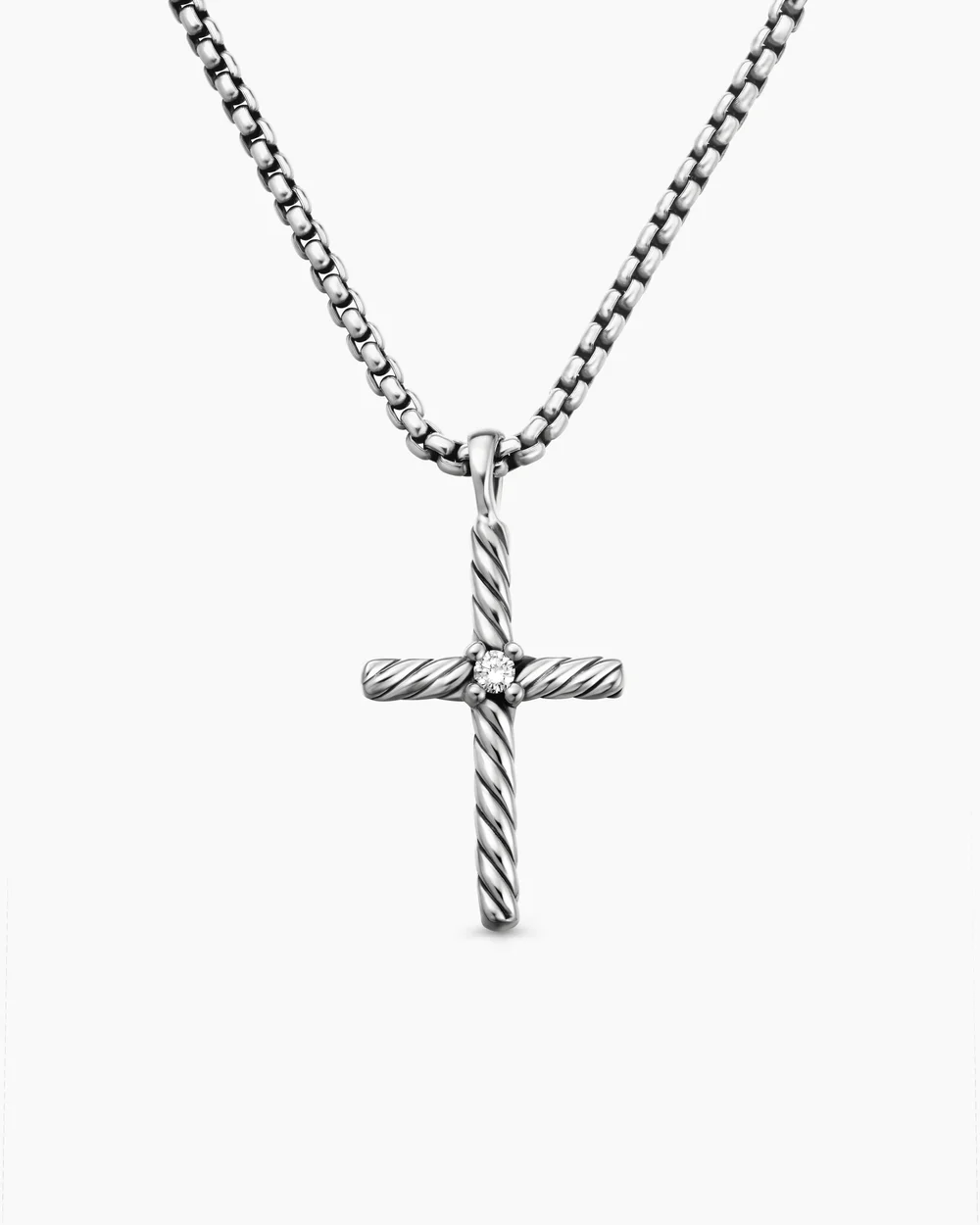 Classic Cable Cross Necklace Sterling Silver with Center Diamond