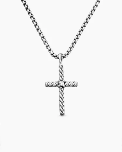 Classic Cable Cross Necklace Sterling Silver with Center Diamond