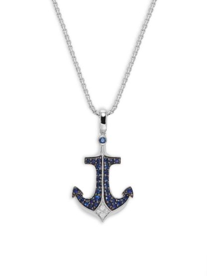 14K White Gold, Sapphire & Diamond Anchor Pendant Necklace