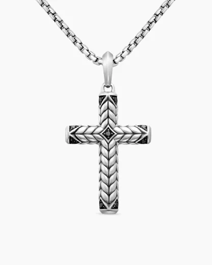 Chevron Cross Pendant Sterling Silver with Black Diamonds