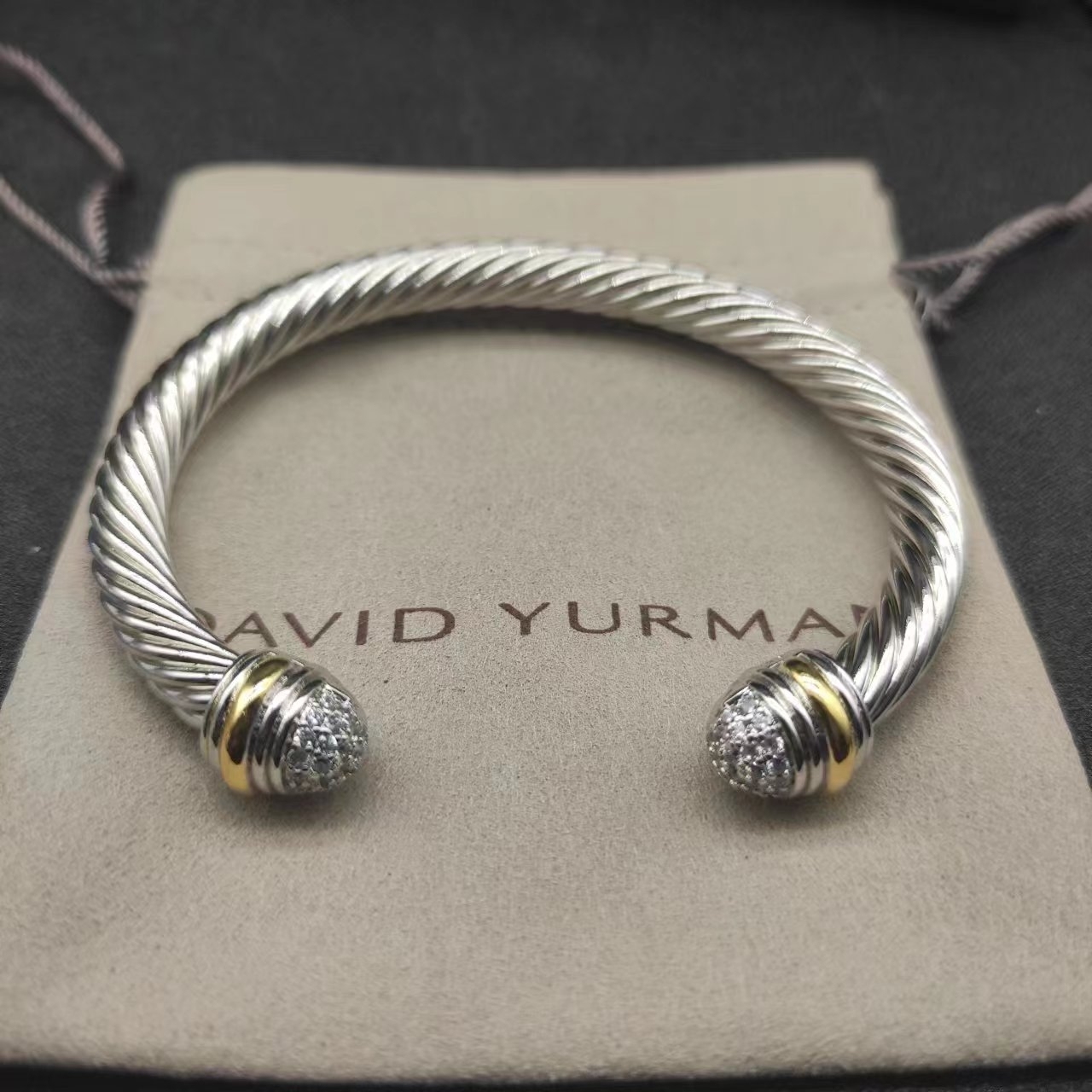 Classic Cable Bracelet Sterling Silver with 18K Yellow Gold and Half Diamond Domes, 7mm