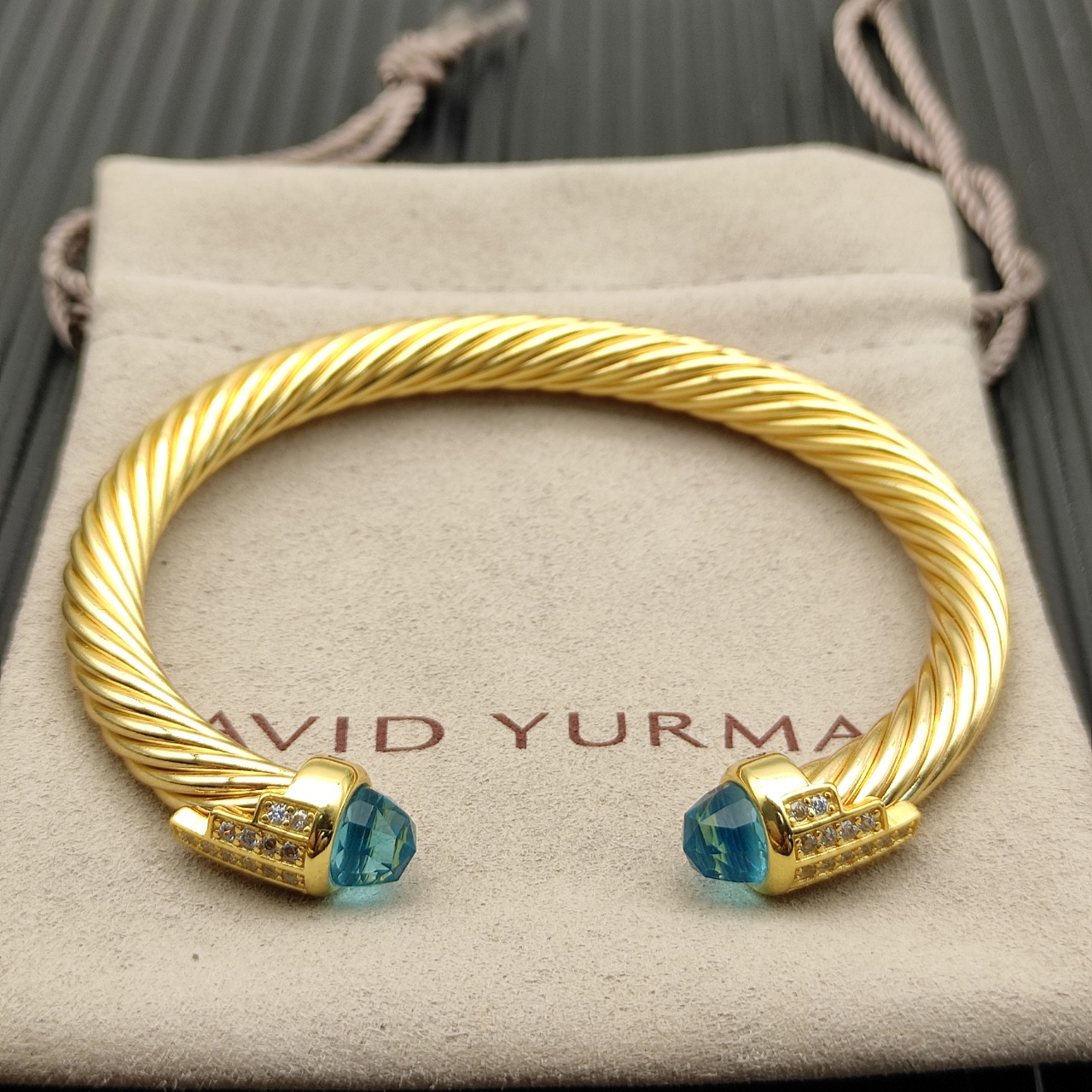 7mm Cable Bracelet with Blue  & Diamond Accents