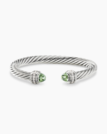 Classic Cable Bracelet Sterling Silver with Prasiolte and Diamonds, 7mm