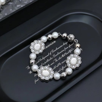 Silver Flower Brass Glass Bead Bracelet