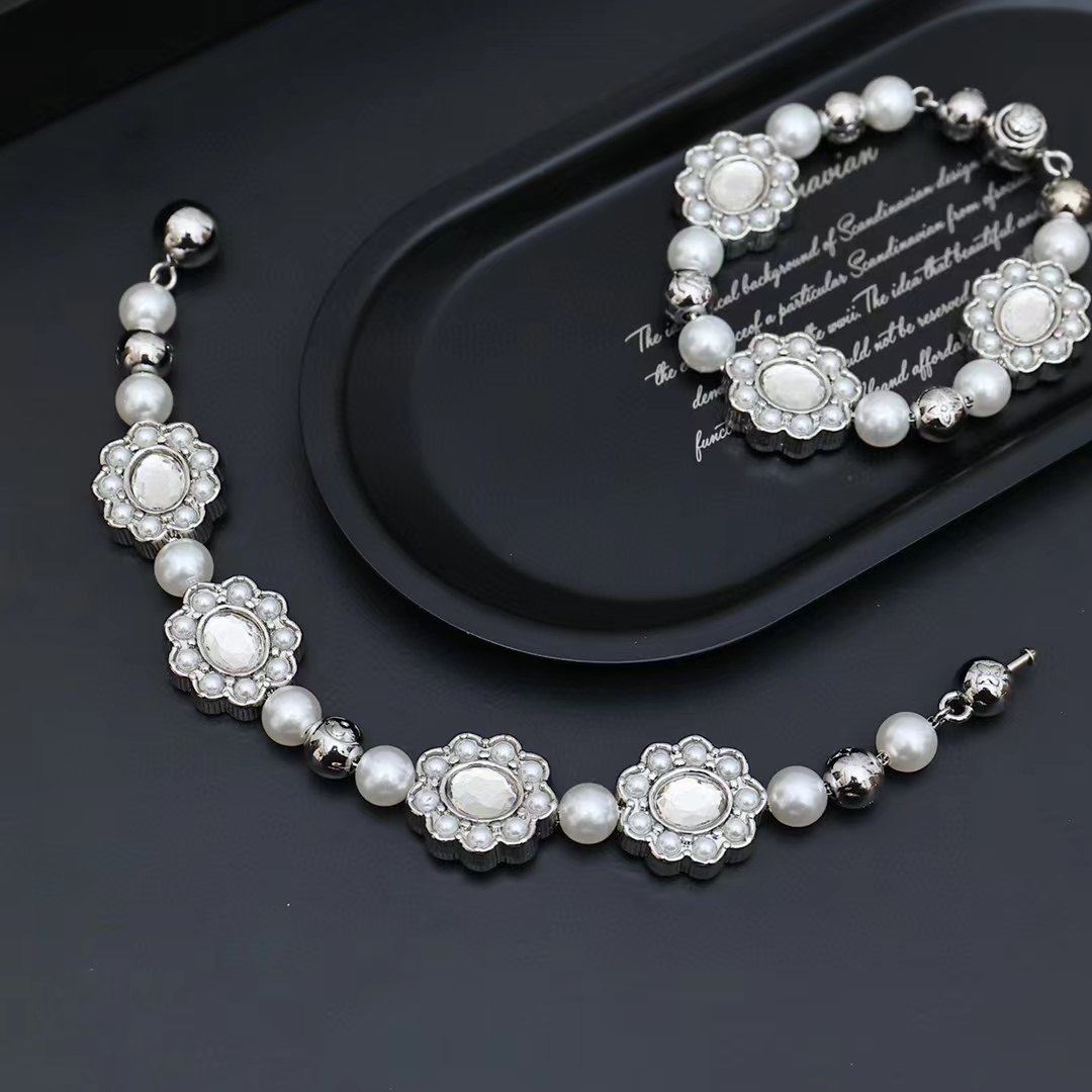 Silver Flower Brass Glass Bead Bracelet