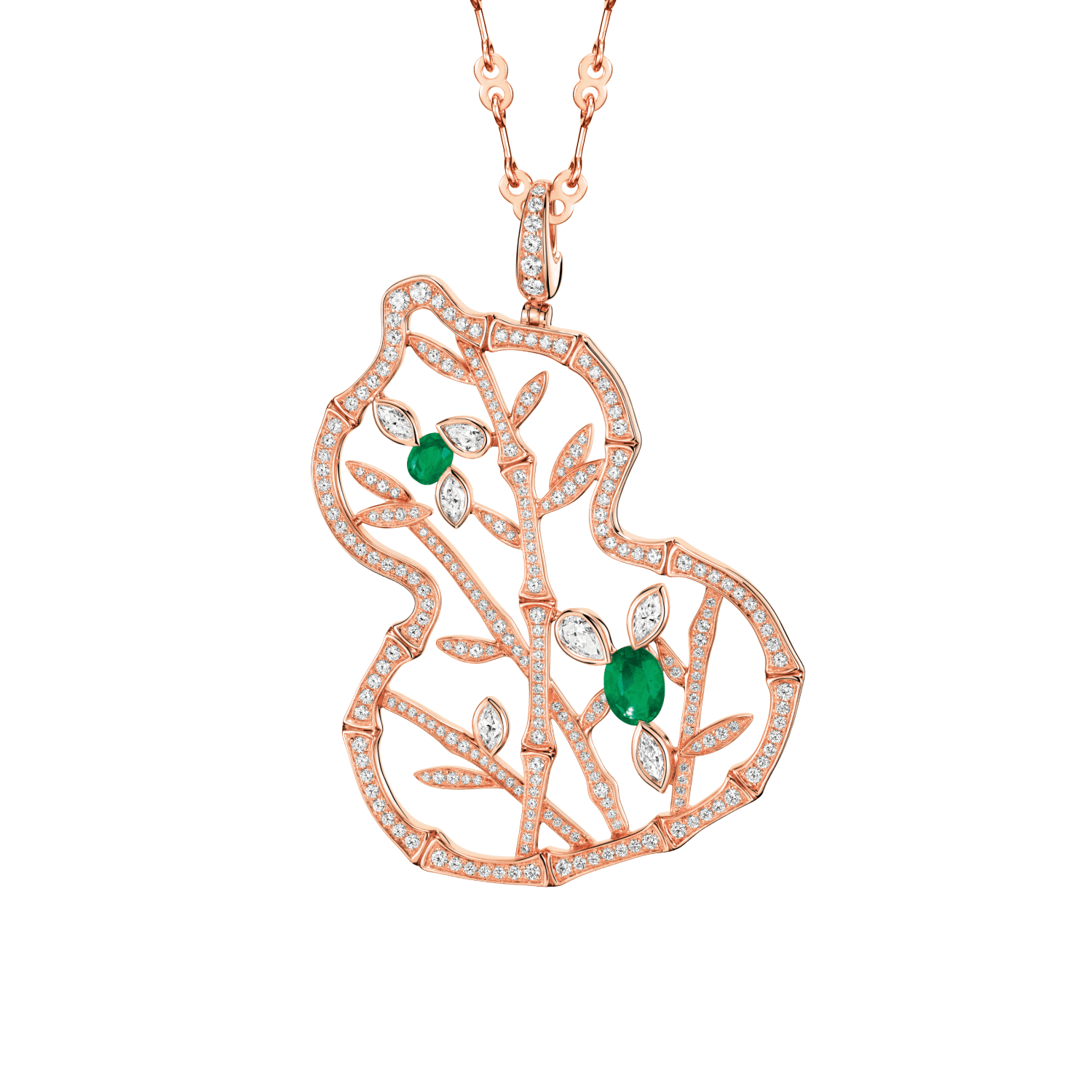 Wulu necklace in 18K rose gold with diamonds and emerald