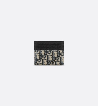 Card Holder Beige and Black Oblique Jacquard with Black Grained Calfskin