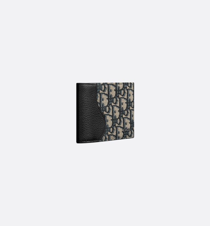 Saddle Bifold Card Holder Black Grained Calfskin Marquetry with Beige and Black Oblique Jacquard