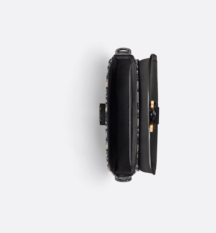 Mini Saddle Messenger Bag with Flap Beige and Black Oblique Jacquard with Black Grained Calfskin