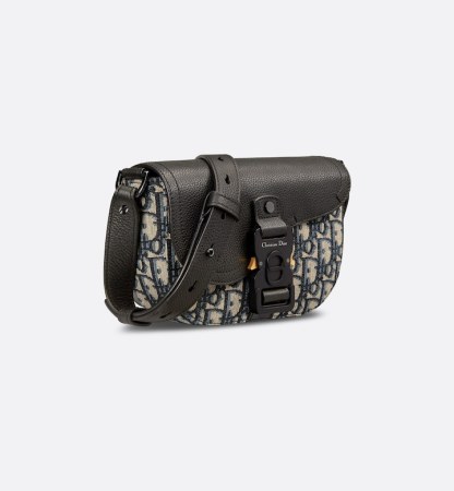 Mini Saddle Messenger Bag with Flap Beige and Black Oblique Jacquard with Black Grained Calfskin