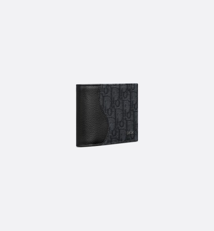 Saddle Bifold Card Holder  Black Grained Calfskin Marquetry and Black Oblique Jacquard