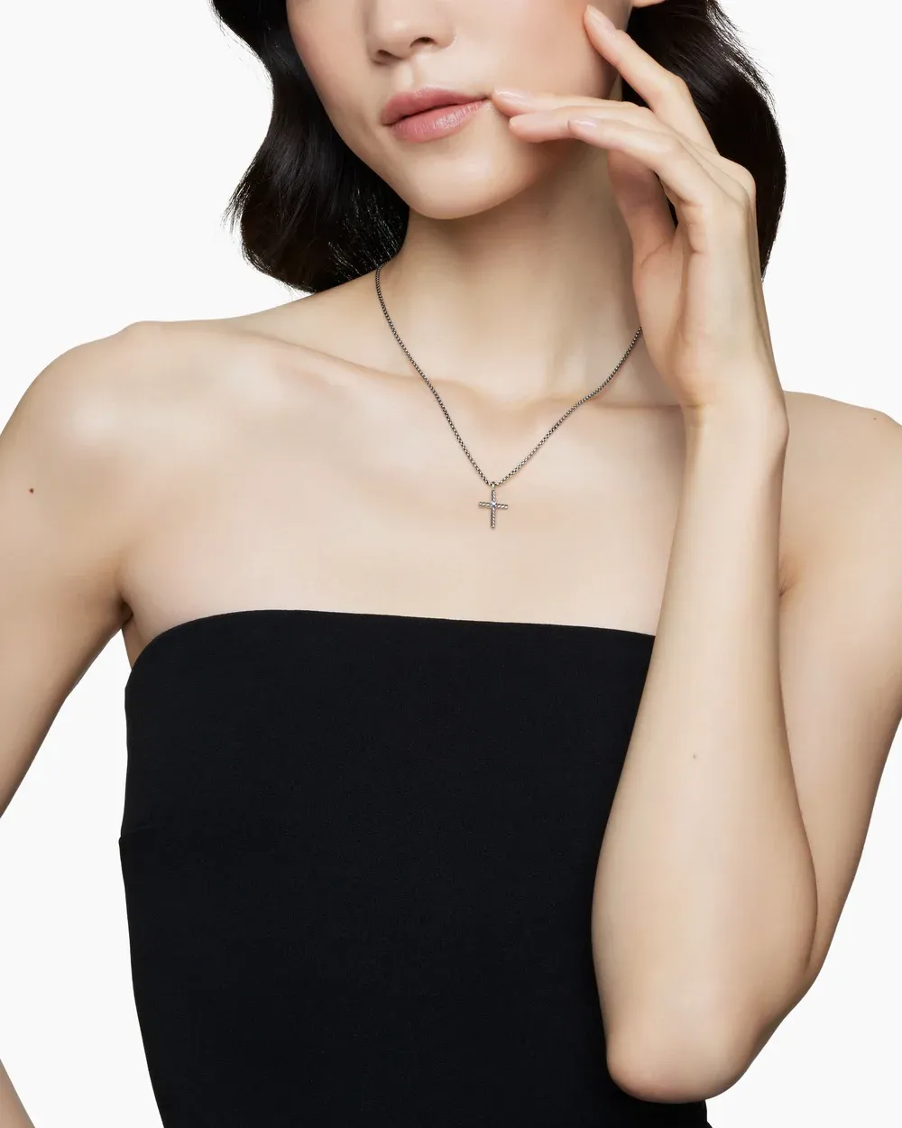 Classic Cable Cross Necklace Sterling Silver with Center Diamond