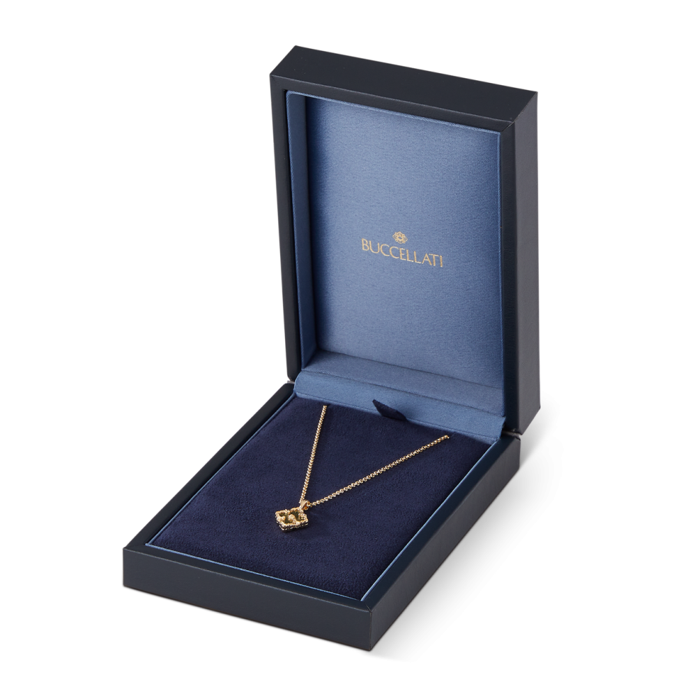 OPERA TULLE GOLD PENDANT WITH GREEN ENAMEL BACKGROUND AND LOGO