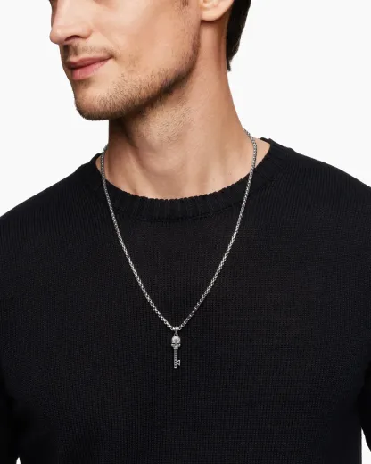 Memento Mori Skull Key Amulet Sterling Silver with Black Diamonds,