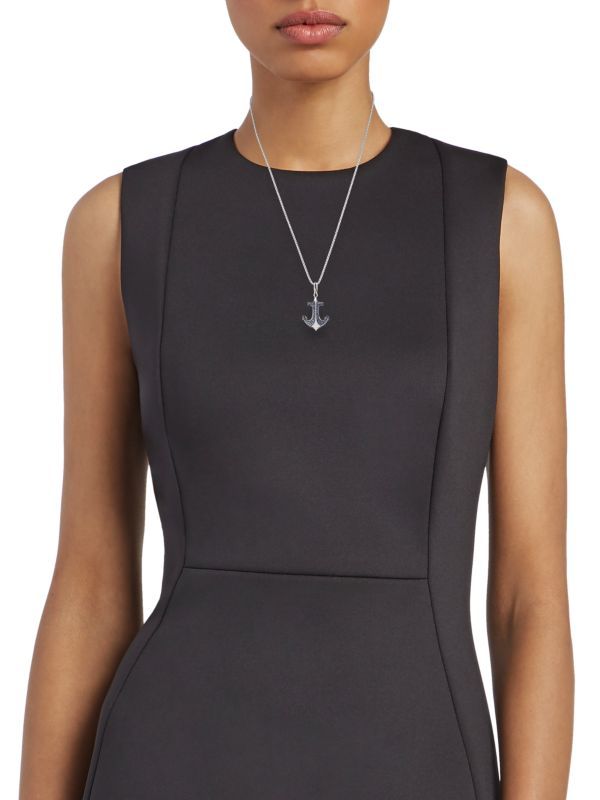 14K White Gold, Sapphire & Diamond Anchor Pendant Necklace