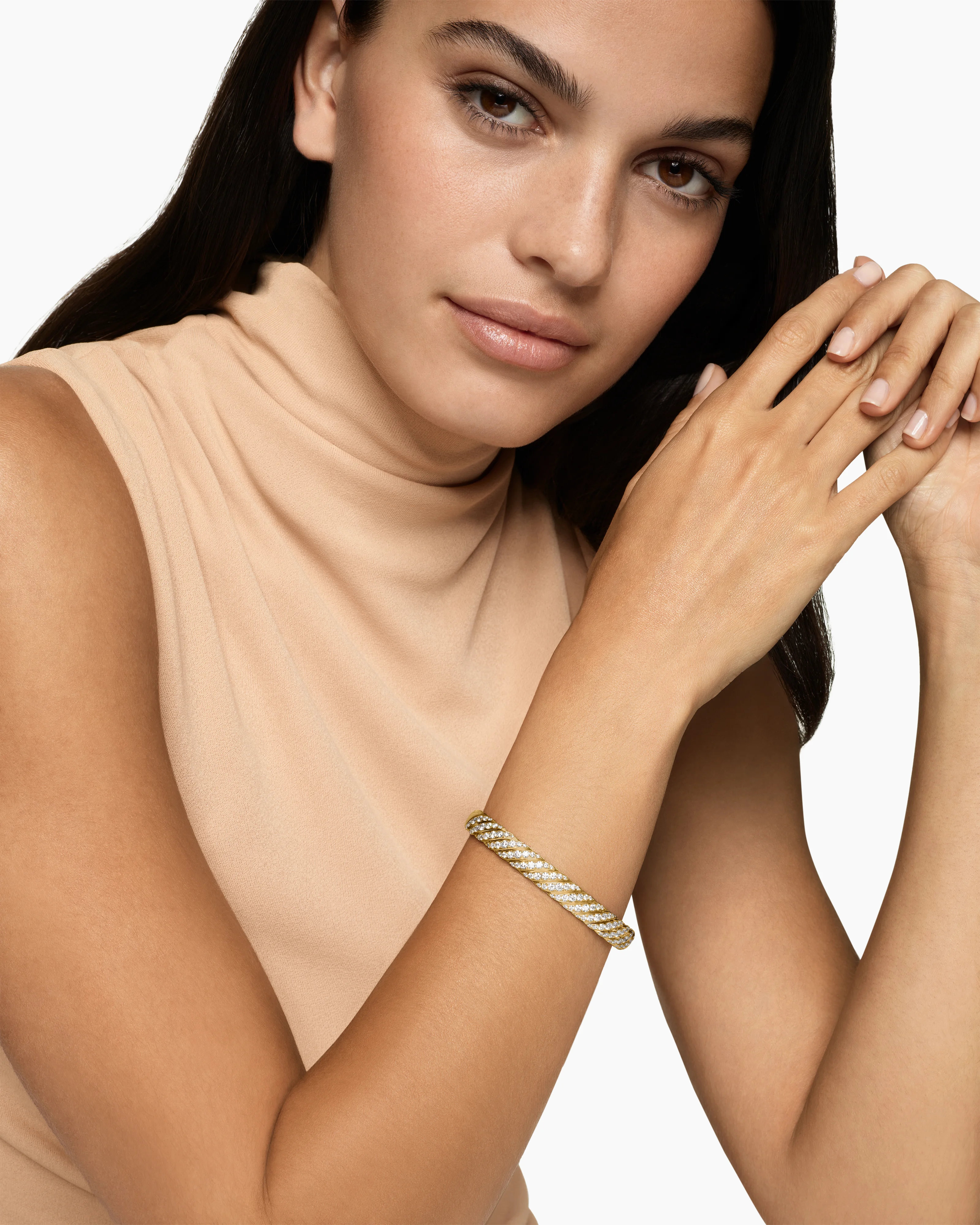 Sculpted Cable Bangle Bracelet 18K Yellow Gold with Diamonds,  6.2mm