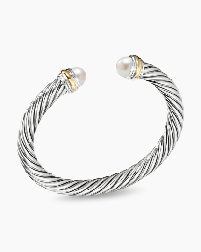 Classic Cable Bracelet Sterling Silver with 14K Yellow Gold and Pearls, 7mm