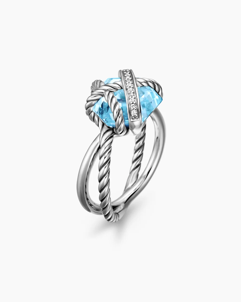 Cable Wrap Ring Sterling Silver with Blue Topaz and Diamonds