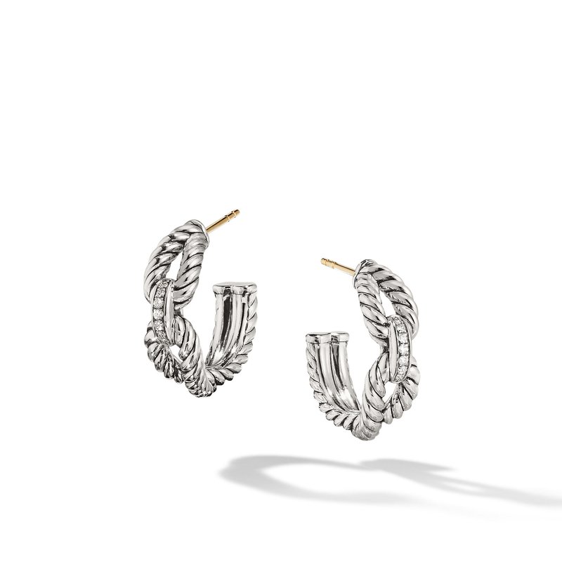 Cable Loop Hoop earrings in Sterling Silver with Pavé Diamonds
