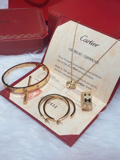 LOVE BRACELET, 10 DIAMONDS + LOVE EARRINGS + VINTAGE ALHAMBRA PENDANT + PERLEE CLOVERS RING