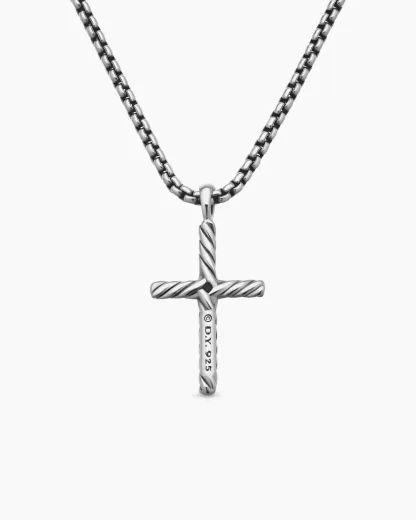 Classic Cable Cross Necklace Sterling Silver with Center Diamond