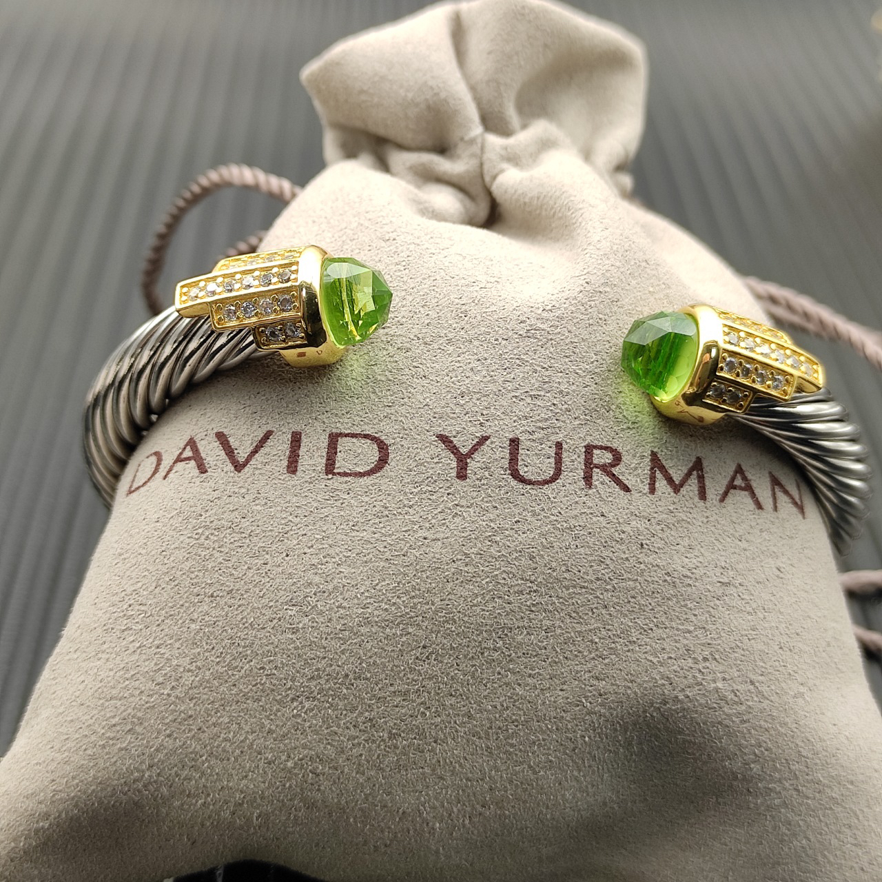 7mm Cable Bracelet with Light Green & Diamond Accents – Gold Cap